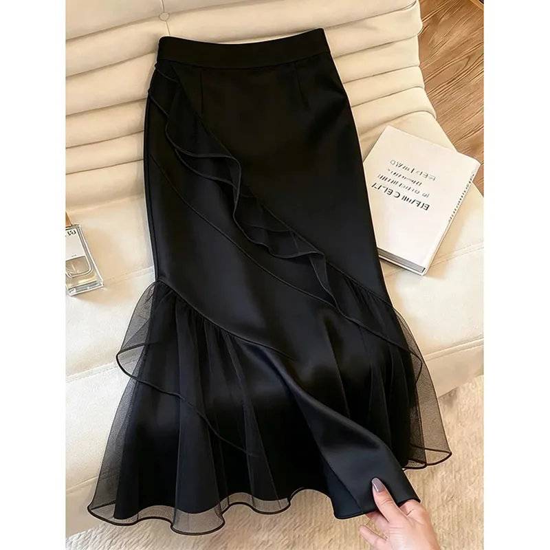 2026 Summer Black Thin Mesh Acetic Acid Skirt Women's New High Waist Skirts Fashion Chic Good-looking Versatile A-Line Skirts