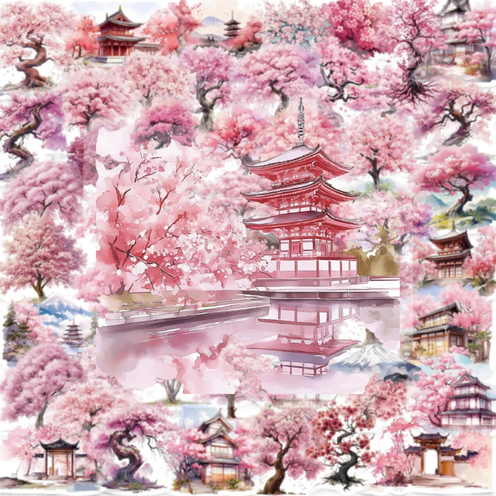 50PCS Pink Watercolor Peach Tree Art PET Stickers Romantic Decoration Stationery Box Water Cup Pen Holder Scrapbook Gift Sticker
