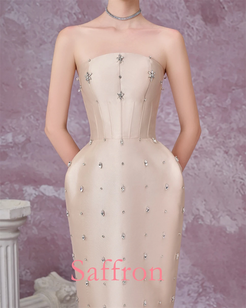 사용자 정의 절묘한 크리스탈 이브닝 드레스 기질 스트레이트 백 슬릿 연예인 가운 섬세한 분리형 슬리브 파티 드레스