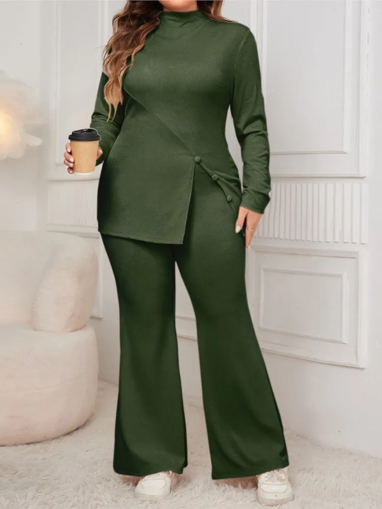 Plus Size Autumn Winter 2 Two Piece Set Women Split Fashion Slim Ladies Blouses High Waist Loose Pleated Woman Flared Pants