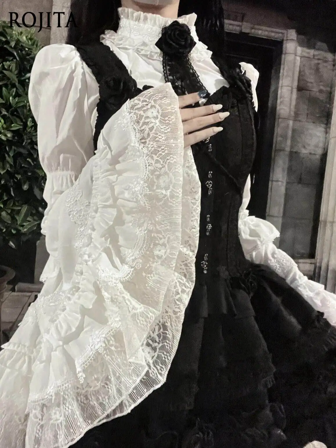 

Tiered Ruffle Bell Sleeve Shirt Lolita Gothic Vintage Black Lolita Blouse High Neck Tiered Lace Button-Down Top