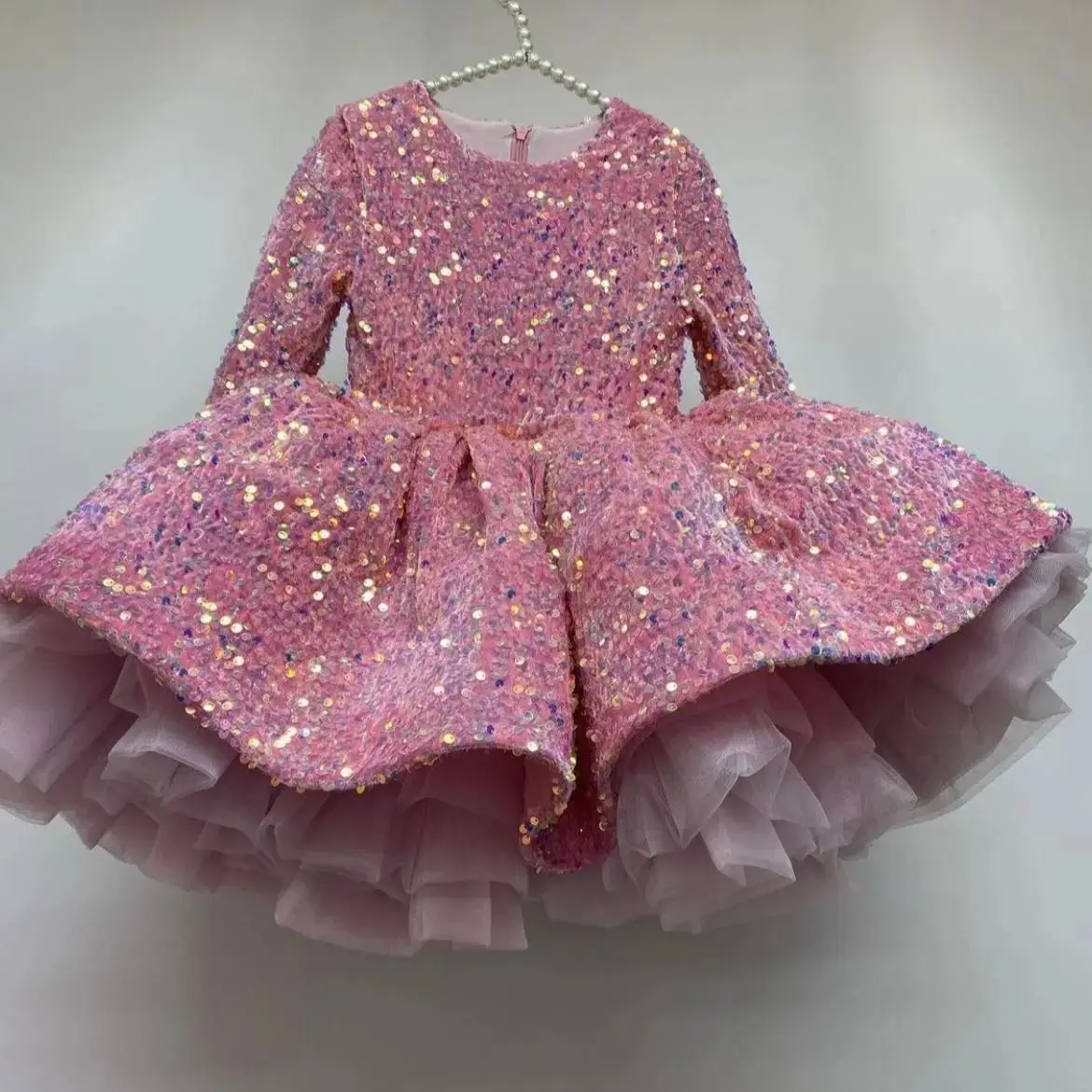 

Pink Sequined Flower Girl Dresses Long Sleeve Girls First Birthday Party Wedding Dress Baby Clothes Fluffy Ball Gown