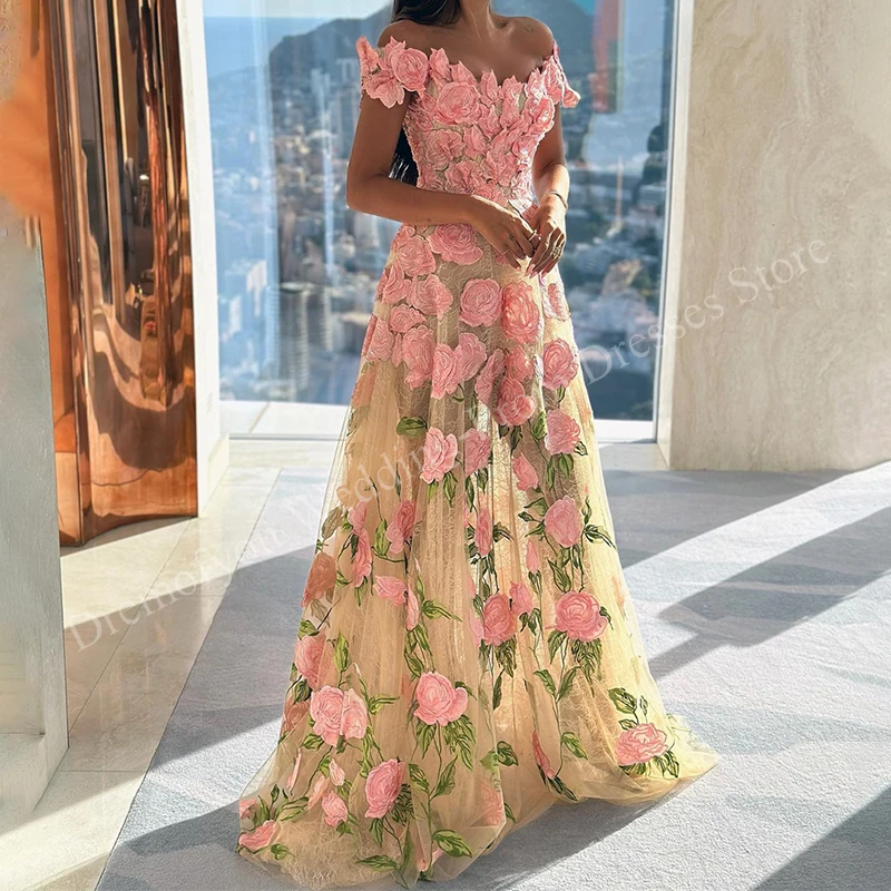 Robes de Rhà fleurs roses 3D pour femmes, tulle, longueur au sol, A-ligne, dos nu, élégantes, événements spéciaux, gala de mariage, soirée, 2023