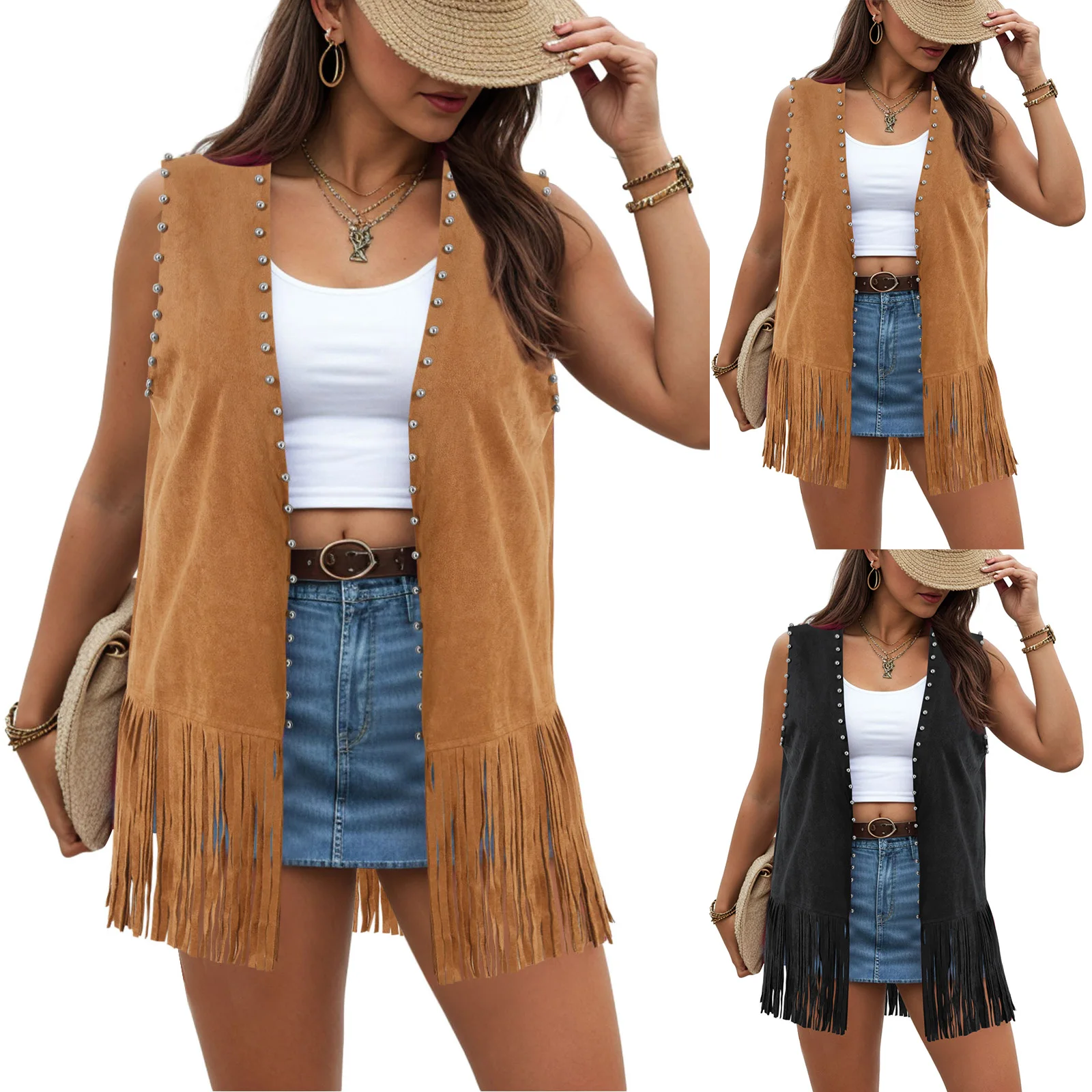 

Plus Size Fringe Faux Suede Vests Women's Casual Sleeveless Open Front Tassel Cadigan Hippie Jackets Streetwear Outwears Hip Hop