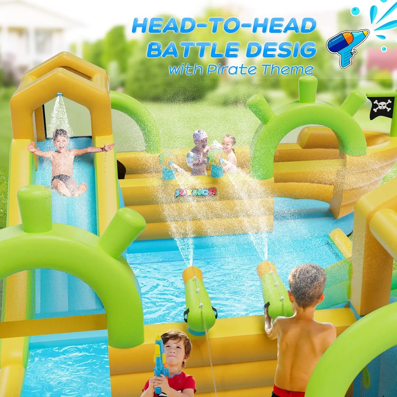 풍선 워터 슬라이드 파크, 해적선 대형 워터 슬라이드 바운스 하우스 2개(물대포 4개 포함), 챌린지 클라이밍 월, 10-in-1 Wa