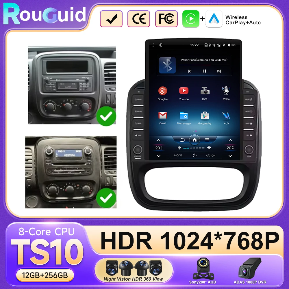 Rádio Automotivo Carplay para Renault Trafic 3 14-21 para Opel Vivaro B Android Auto Monitor Automotivo Android 16 Navegação GPS Sem 2din 4G BT