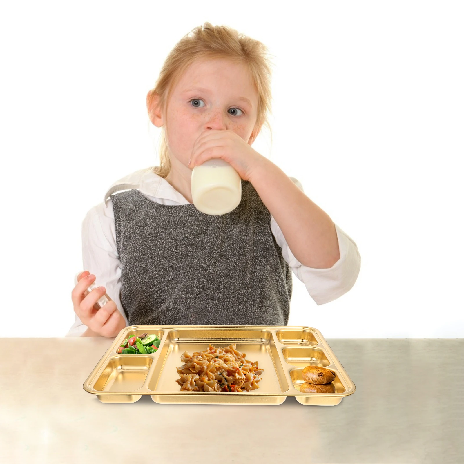 

1pc Stainless Steel Divided Food Serving Plate Leakproof Compartmented Meal Tray Stackable Lunch Plate Fresh Food Storage