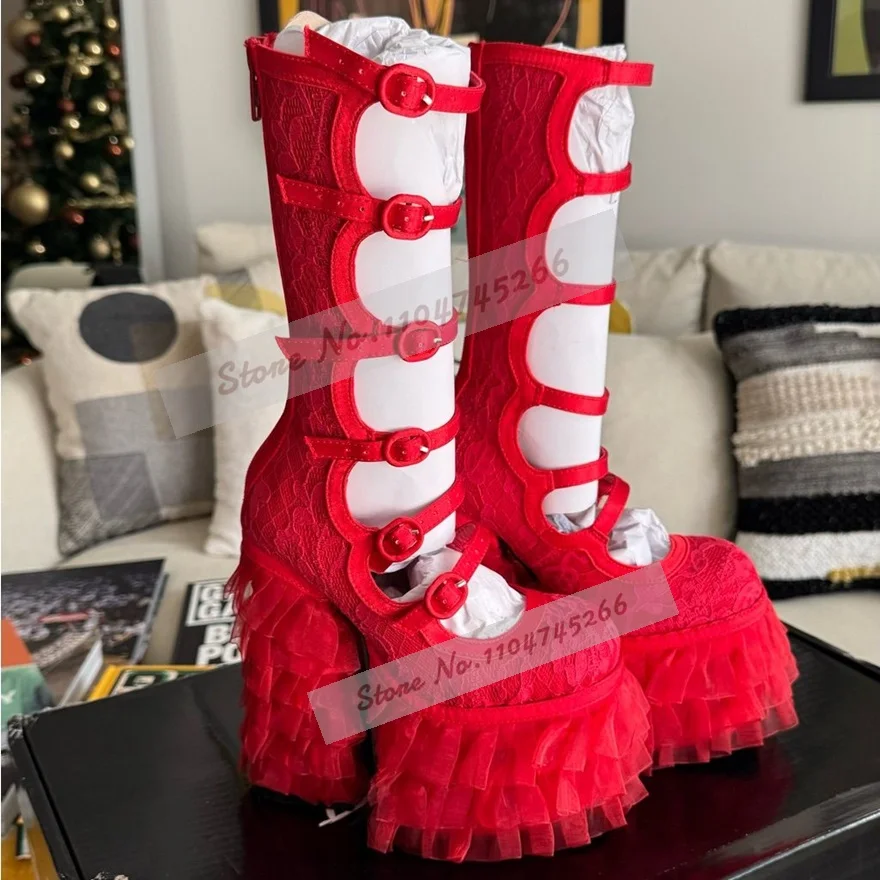 Red White Lace Flowers Chunky Heel Mid-Calf Boots Mesh Ruffle Platform Summer Boots Embroidered Floral Satin Strap Buckle Shoes