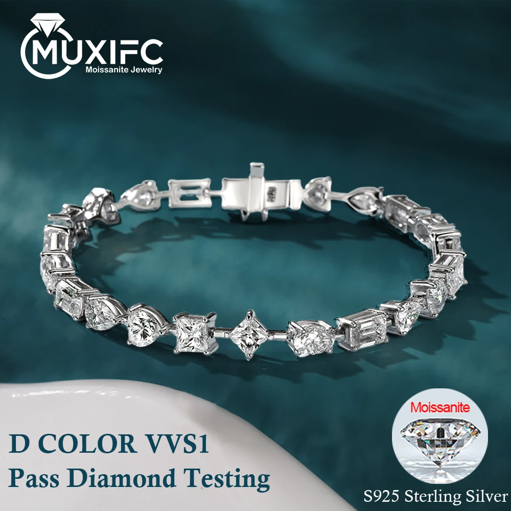 

MUXIFC Luxury Full Moissanite Bracelets for Women Irregular Princess Square Heart Emerald Cut Lab Diamond 925 Silver Bracelet