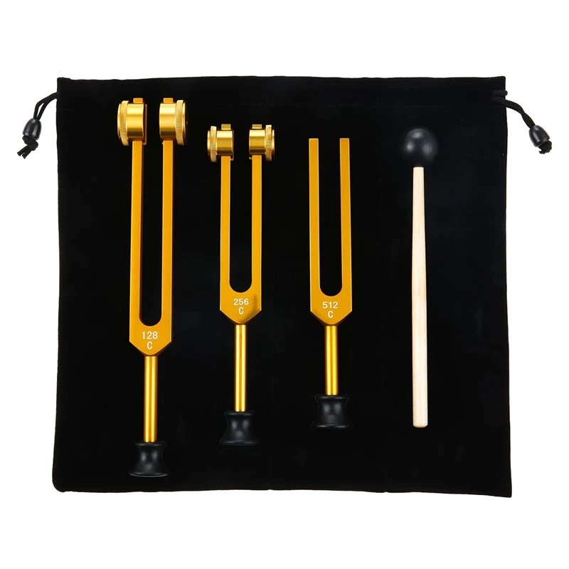 3Pack (128Hz, 256Hz, 512Hz) Tuning Fork Kit For Healing, Chakra, Sound Therapy, Sonic Slider Fork (Gold)