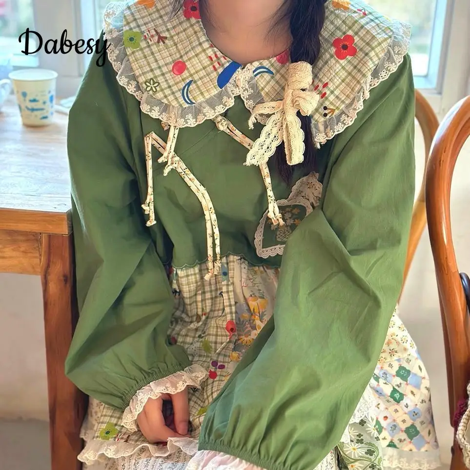 Damen Patchwork Grün Baumwolle Leinen Hemd Japanische Mori Mädchen Spitze Rüschen Puppenkragen Langarm Kawaii Bluse Retro Lolita Top