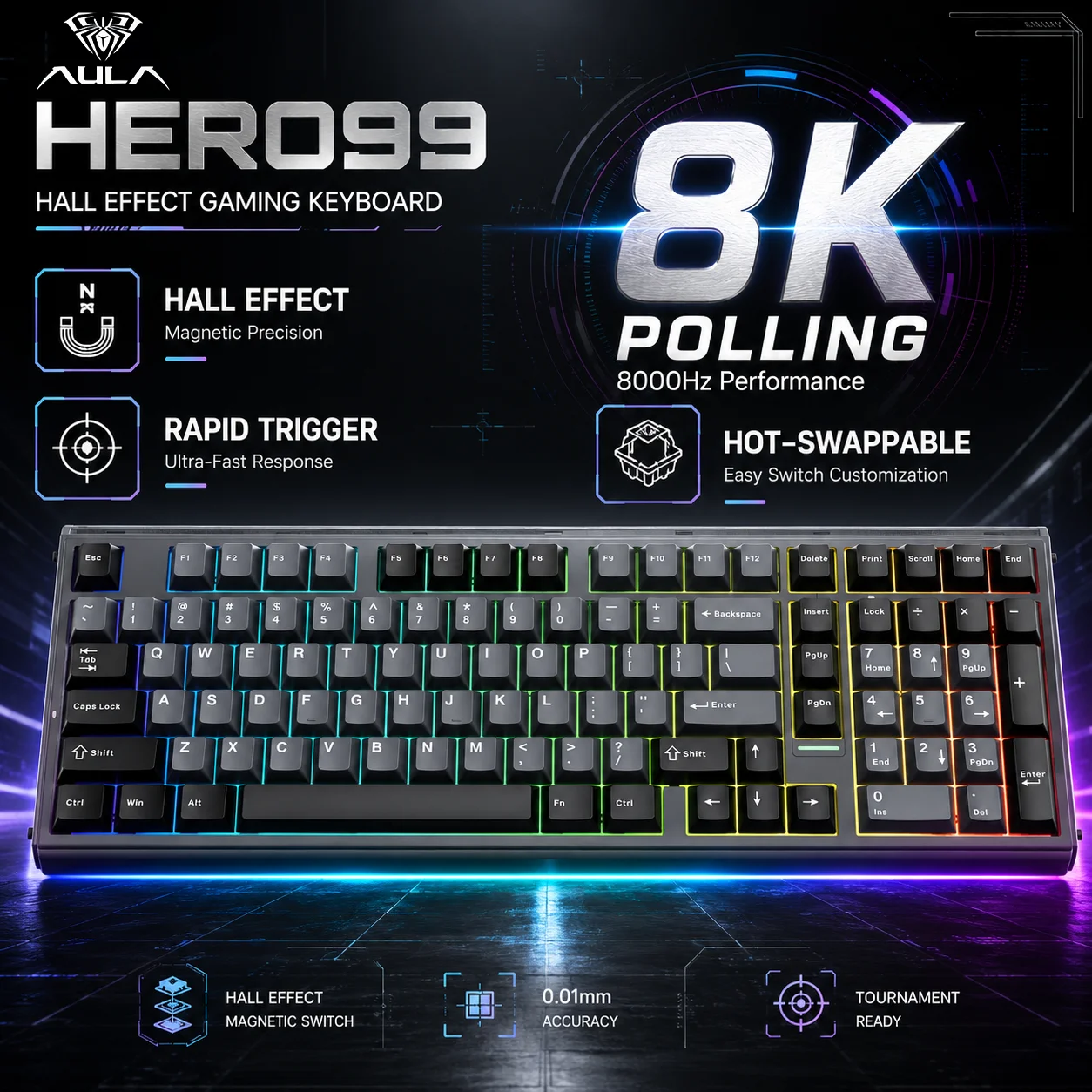 AULA HERO99 Hall‑Effect Keyboard 8000Hz Rapid‑Trigger Hot‑swap RGB Neon Lightbox 101Keys Wired Gaming Keyboard