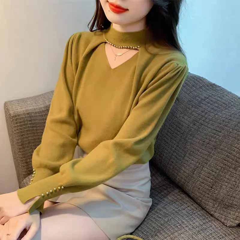 

Женский вязаный свитер во французском стиле ретро 2025 AW | Полуводолазка SIYANG с длинным рукавом | Выдолбленный облегающий нижний топ