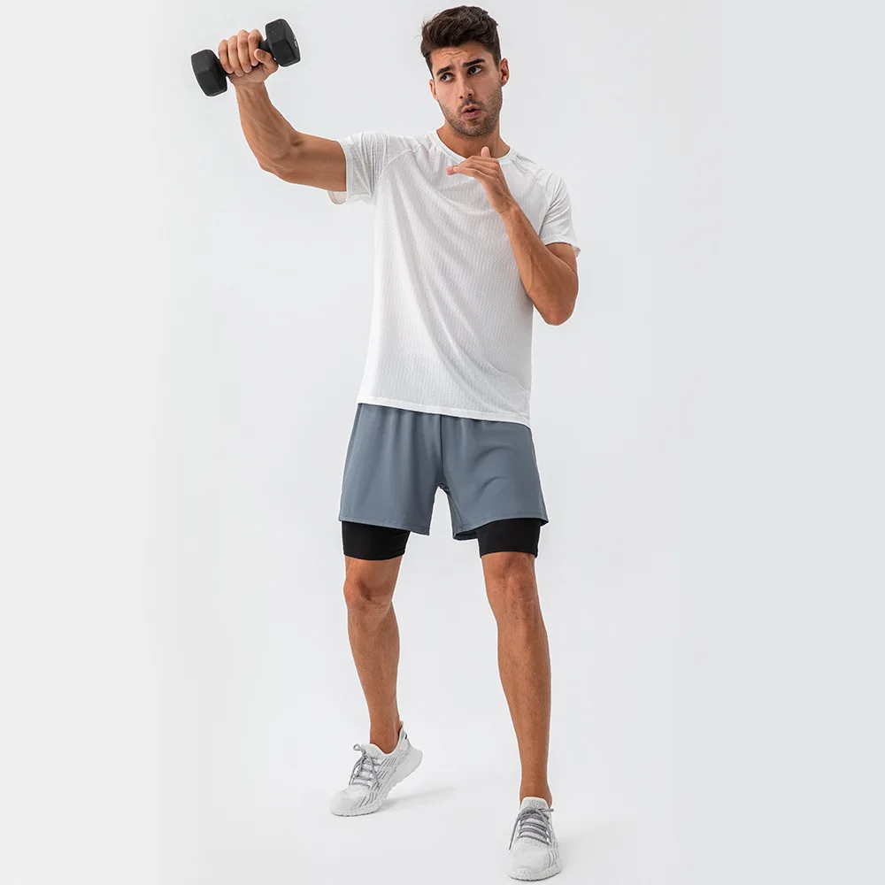 Pantalones cortos de gimnasio de secado rápido para hombre, pantalones cortos de entrenamiento de fitness para correr, ajuste suelto, doble capa, transpirable, alta elasticidad, absorbe el sudor