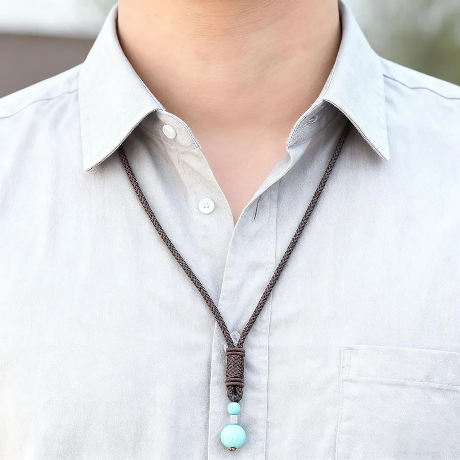 Vintage Stone Pendant Rope Necklace Men Handmade Brown String Grade A Beads 25inch Long Collar Jewelry Leisure Daily Homme Joias - view 2
