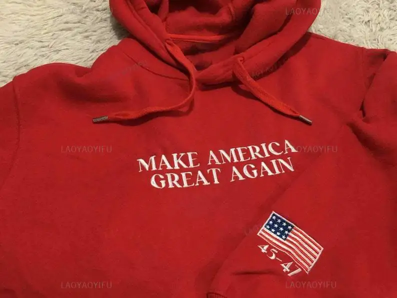 

Make America Great Again Sweatshirt Trump President 45 47 Hoodie Autumn and Winter Fashion Red Drop Shoulder Man Long Sleeve