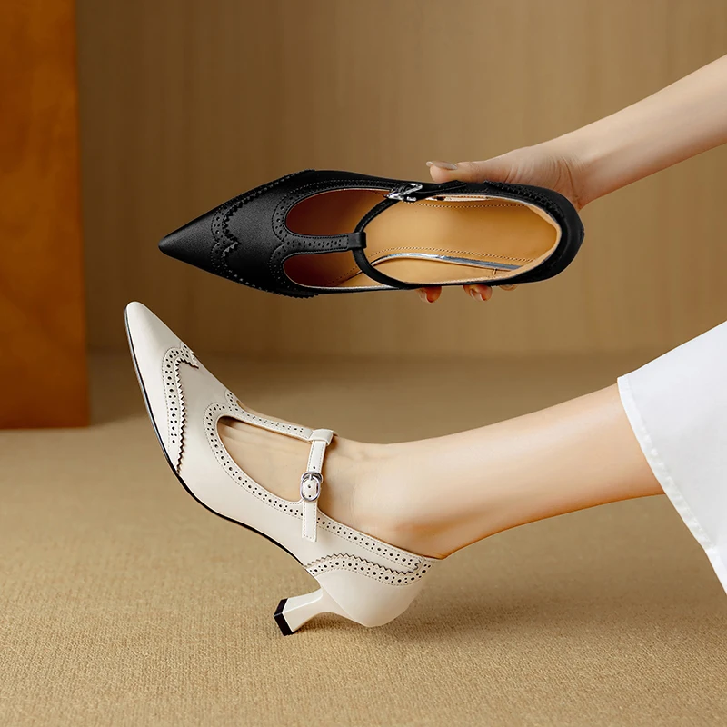 2026 spring autumn women pumps natural leather plus size 22-25cm sheepskin pointed toe hollow t-buckle high heel women shoes