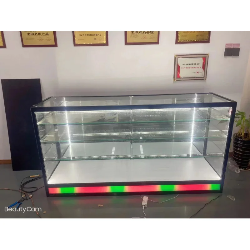 custom.HiKUYA Customized Toughened Glass Showcase with Bottom Colorful Led Light Smoke Shop Glass Display