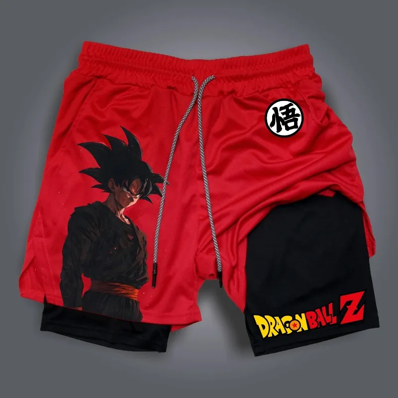 Dragon ball z 2 em 1 shorts vermelhos anime japonês son goku impressão harajuku shorts de dois andares ginásio secagem rápida masculino ao ar livre calças curtas
