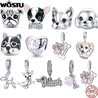 WOSTU 925 Sterling Silver Pet Dog Pooch Doggy Bulldog Animal Beads Dangle Charms Fit Original Bracelet Pendant DIY Jewelry Gift