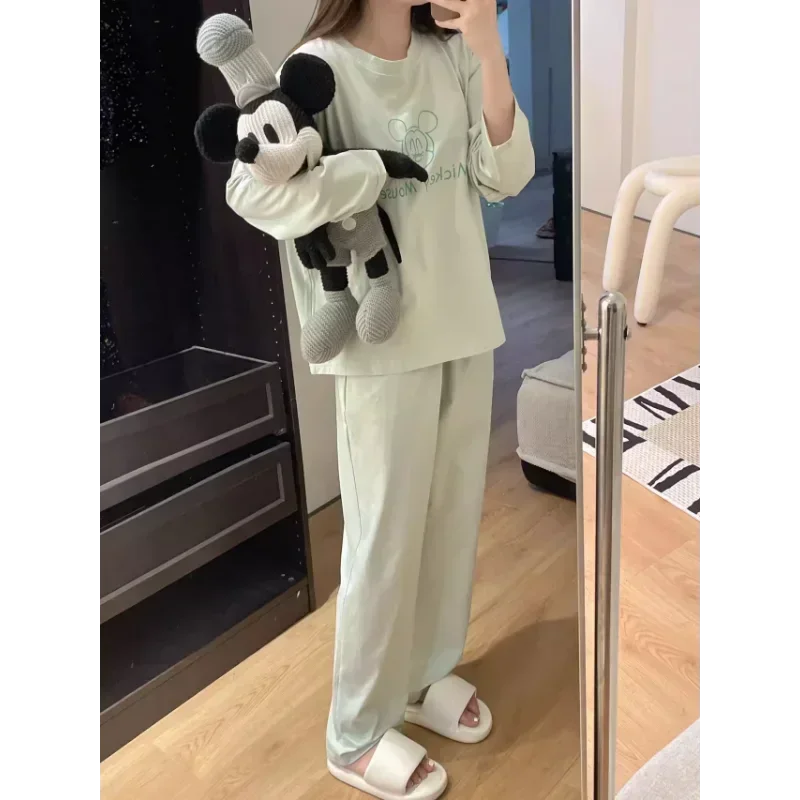 Pyjama Disney TureMouse pour femme, col rond, manches longues, pantalon, dessin animé, vêtements d'intérieur, automne, nouveau, 2 pièces