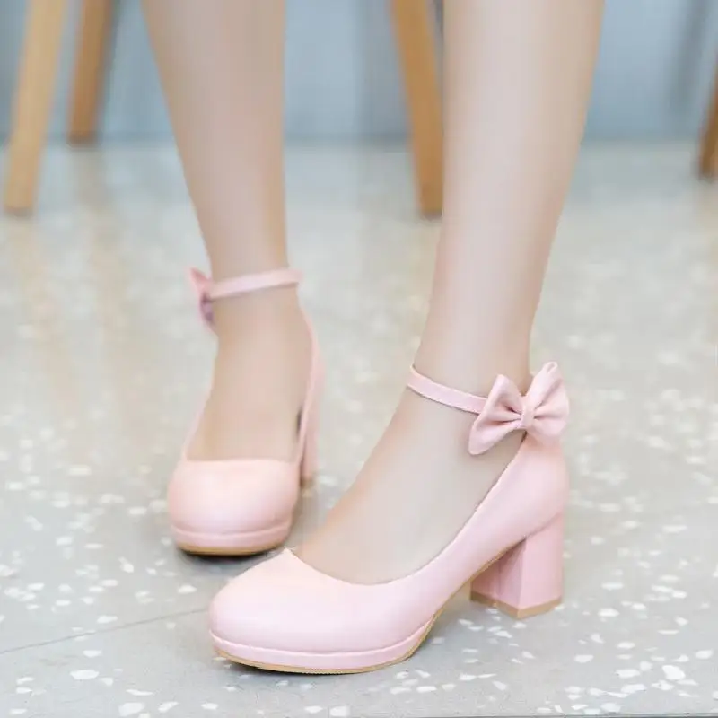 Children Girls High Heel Shoes Women Platform Pumps Fashion Bow Thick Heel Shallow Female High Heels For Party Wedding 30-43