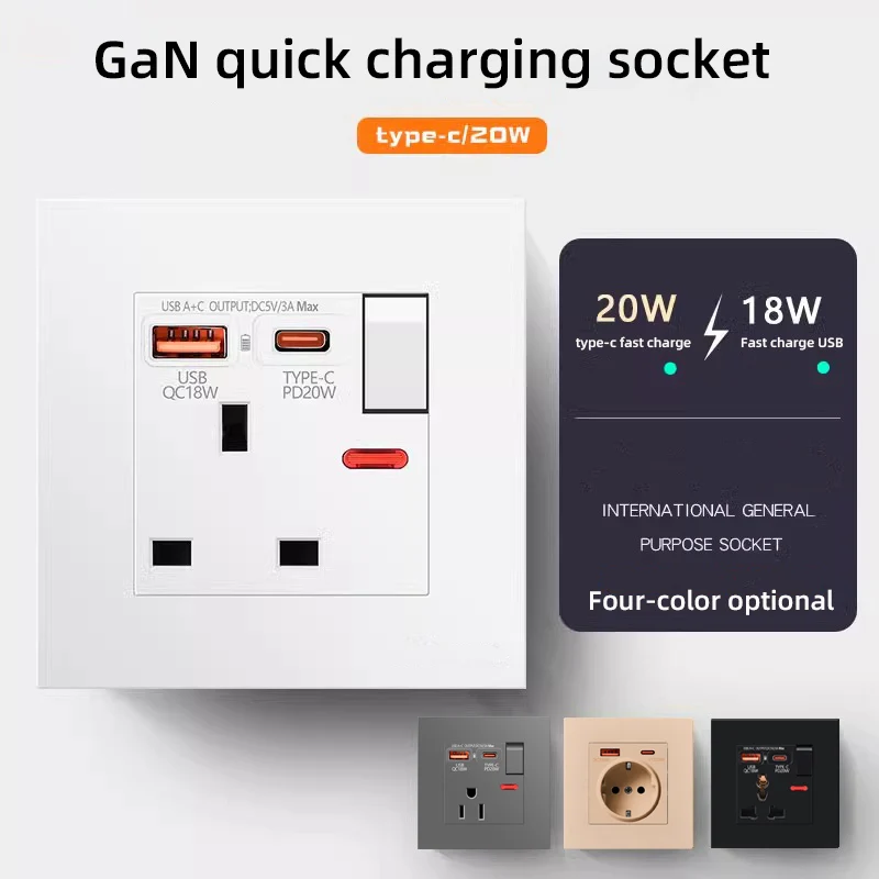 US UK universal 3-pin socket with USB smart type-c 20w fast charging wall plug, France EU usb C power socket AC110V-250V