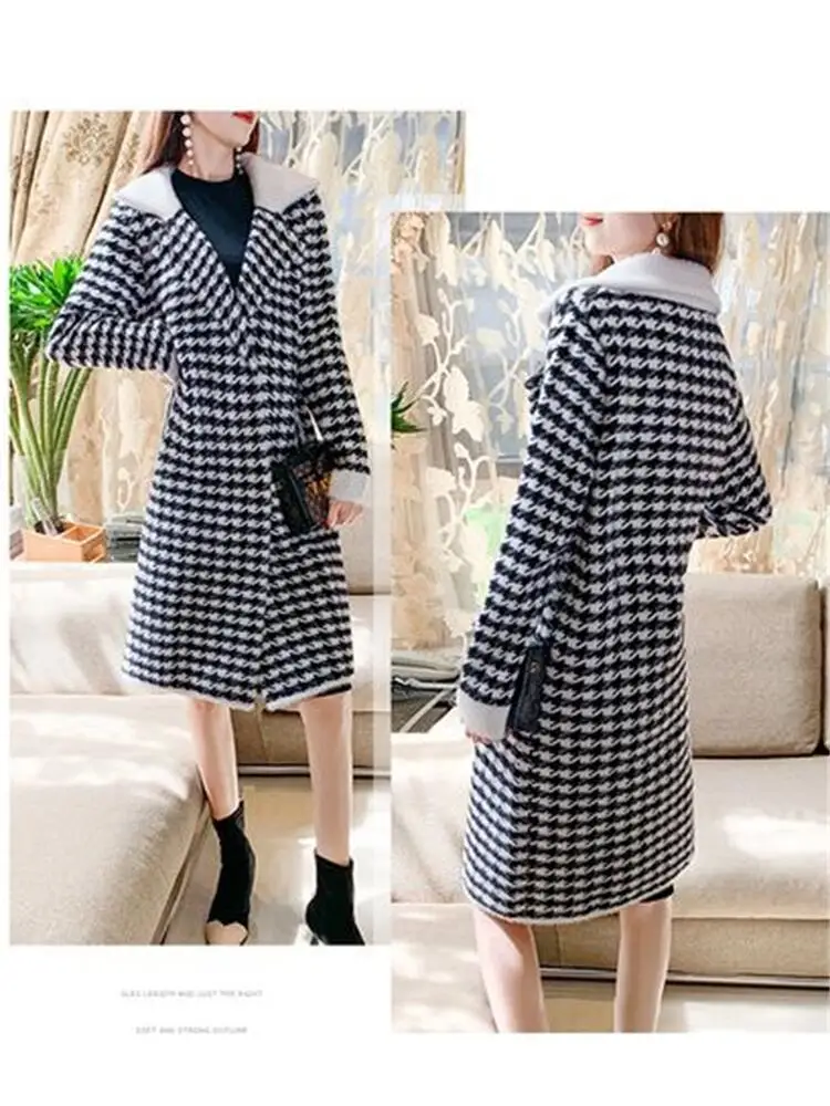 Imagem -04 - Cardigã Houndstooth Mohair Feminino Jaqueta Xadrez Fina de Pele Vison Outono