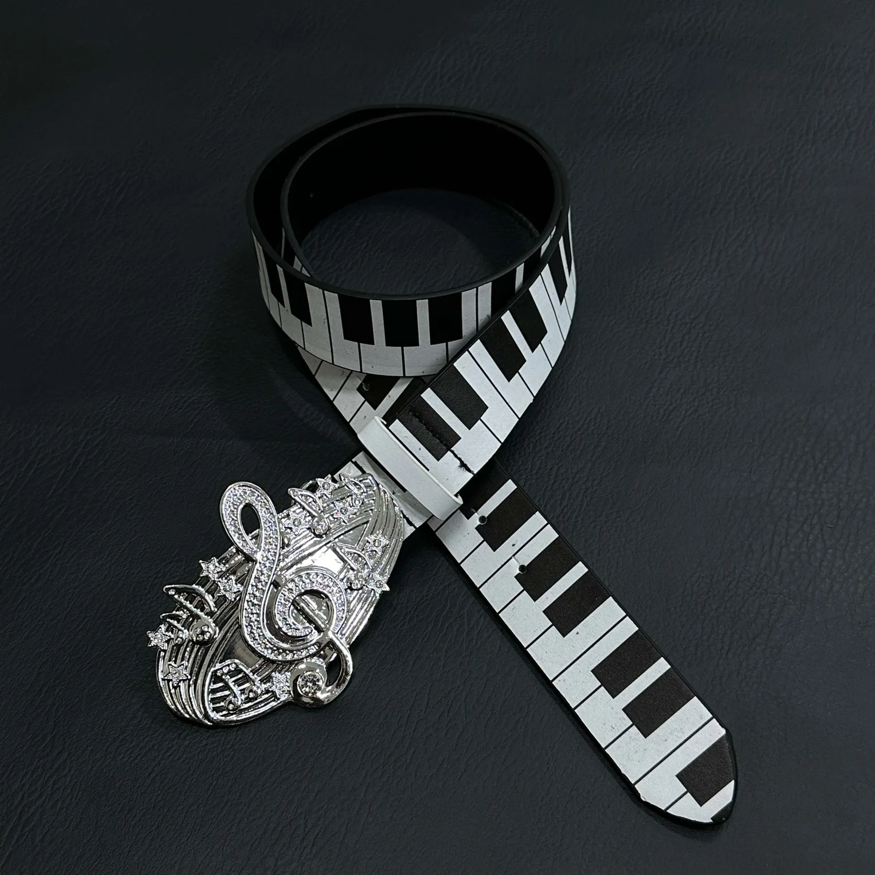 Music Theme Faux‑Leather Waist Belt Piano‑Key Printed Strap Rhinestone Treble Clef Metal statement Buckle Adjustable For Jeans