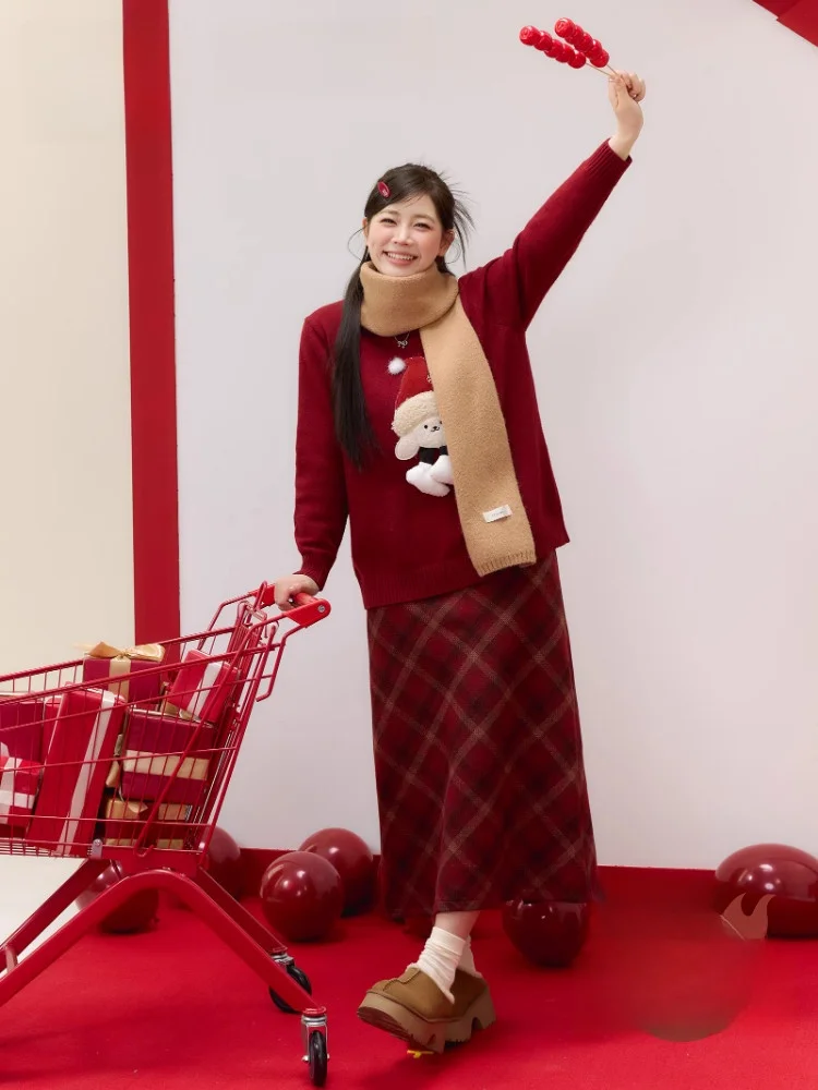 

Эффект похудения Cisas, клетчатый свободный свитер и юбка с высокой талией, комплект больших размеров, корейский ансамбль Sle Commute Faion