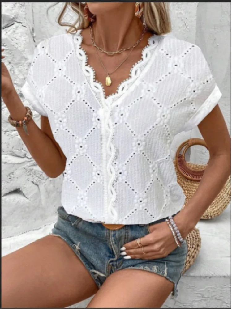 Elegant Women\'s Casual White Lace Shirt Blouses Office Summer Ruffles Short Sleeve Shirts For Women Hollow Out Simple Top Female