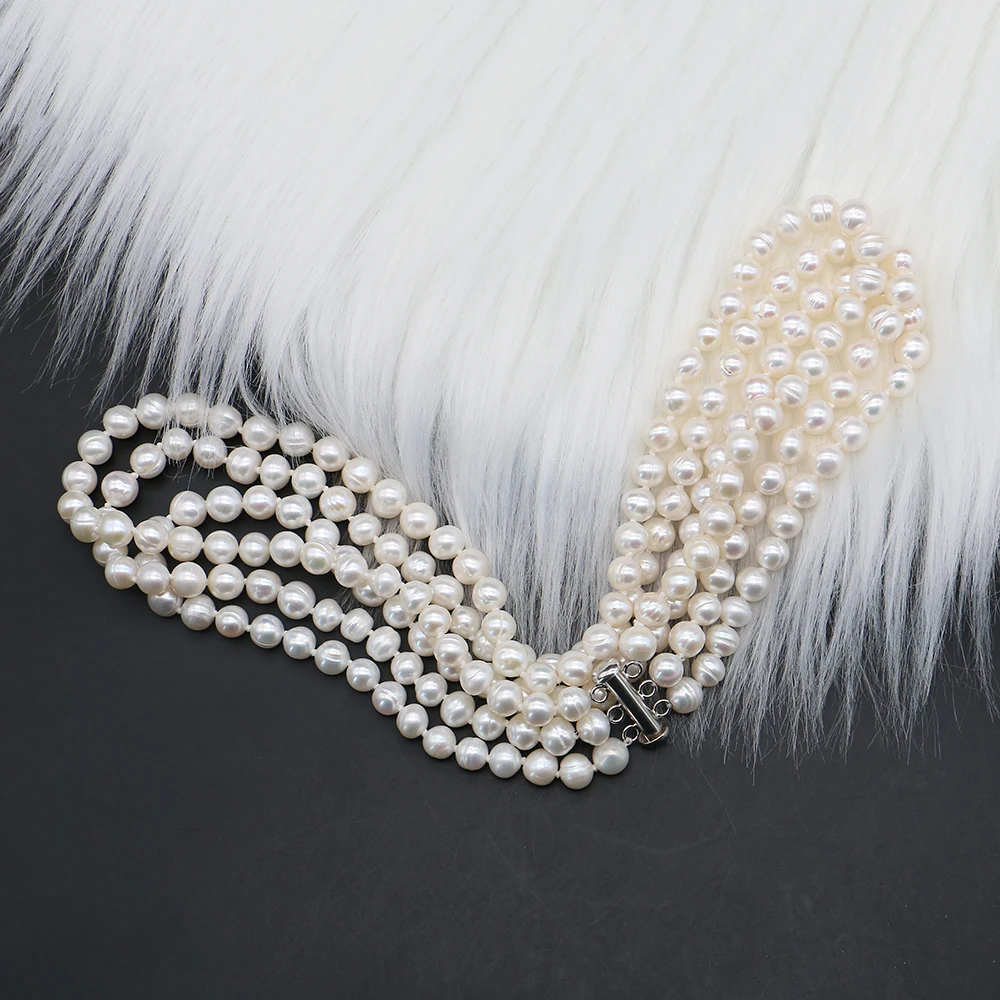 

7-8mm Exquisite White Natural Pearl Necklace 3Rows Round Straight Hole Pearl for Women's Fashion Jewelry Necklace Birthday Gifts