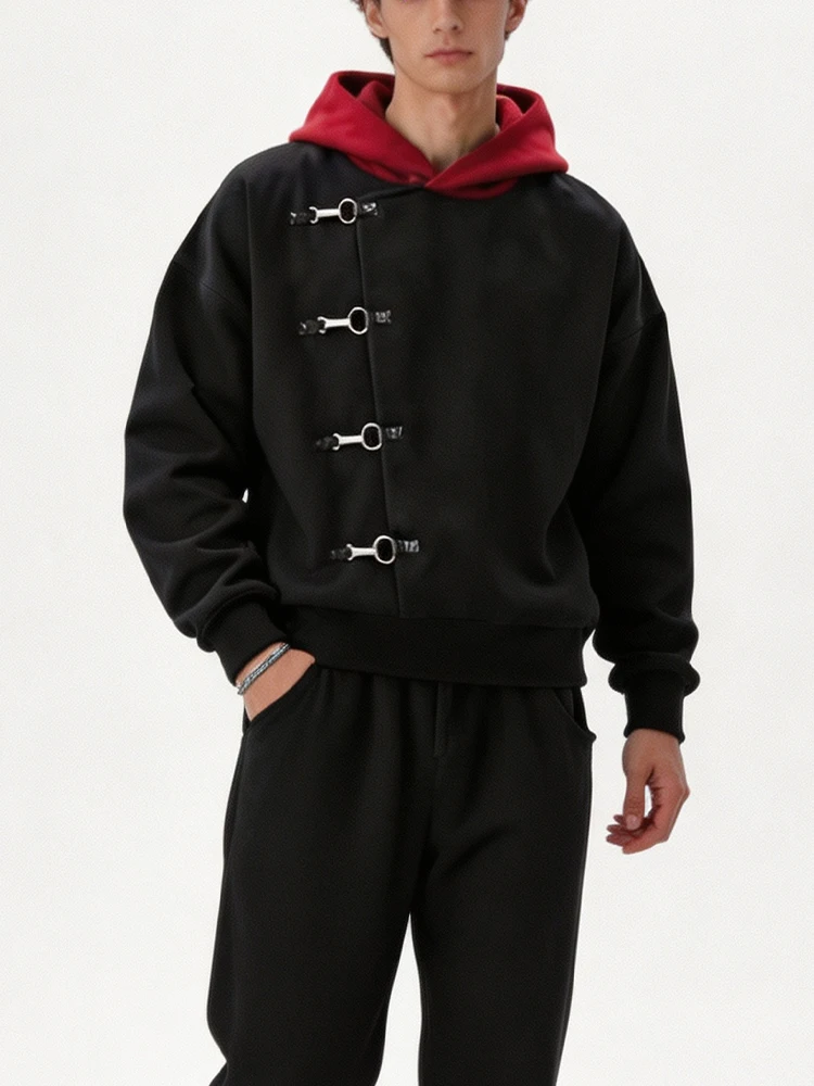 Herbst Winter Damen Goth Streetwear Y2K Ästhetik Kontrast-Kapuze Metallschnallen-Detail Diagonale Vorderseite Übergroßer Kapuzenpullover – Detail 6