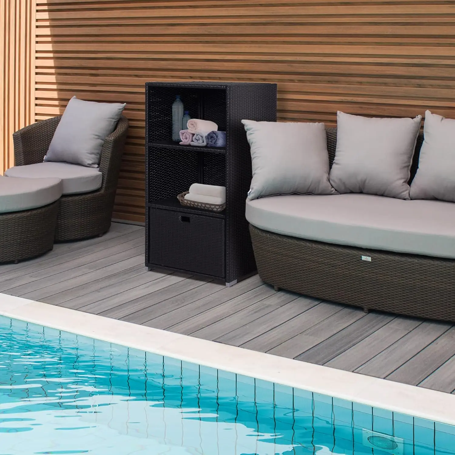 Toalheiro de piscina, impermeável pe plástico rattan vime organizador de armazenamento para interior e exterior spa e banheira de hidromassagem