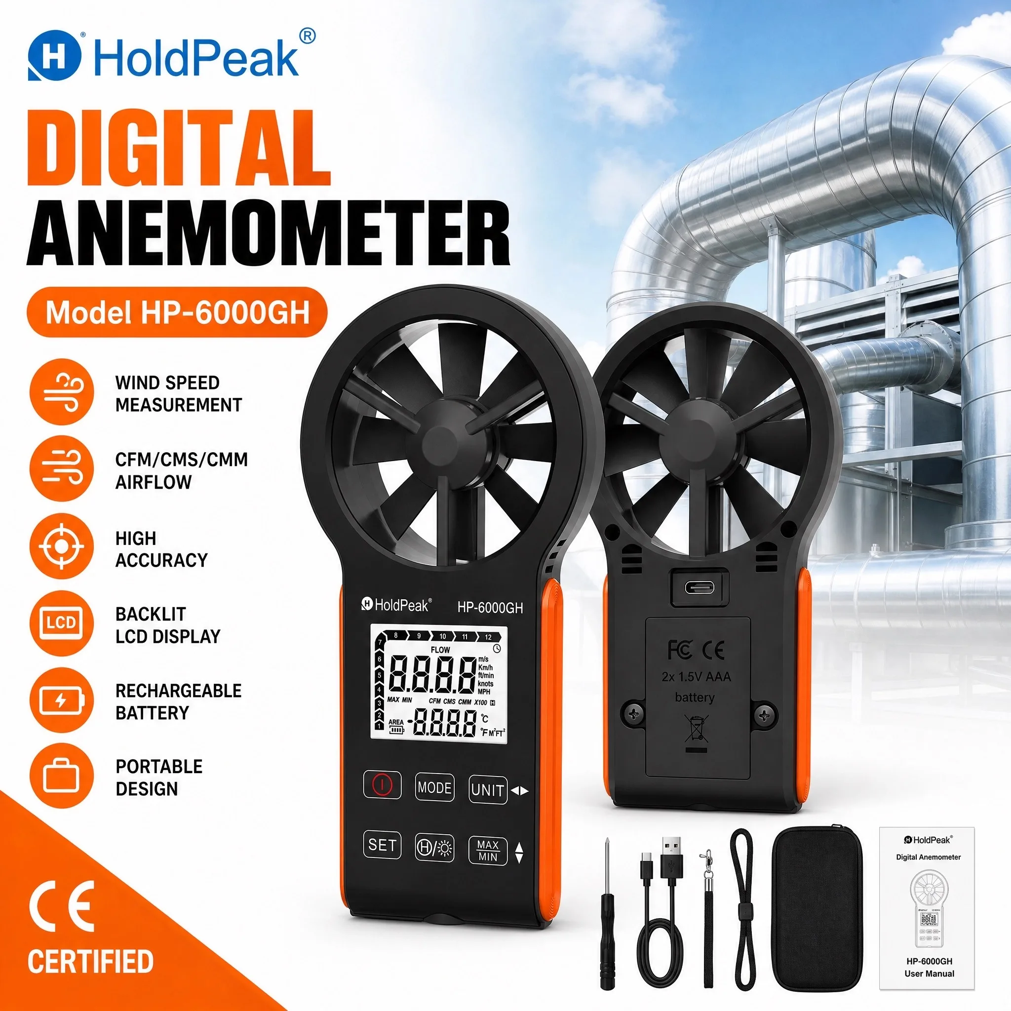 CFM Anemometer HVAC Air Flow Meter Rechargeable 0.3-30m/s Wind Speed Tester Temperature Type-C Touch Button for Duct Vent Test