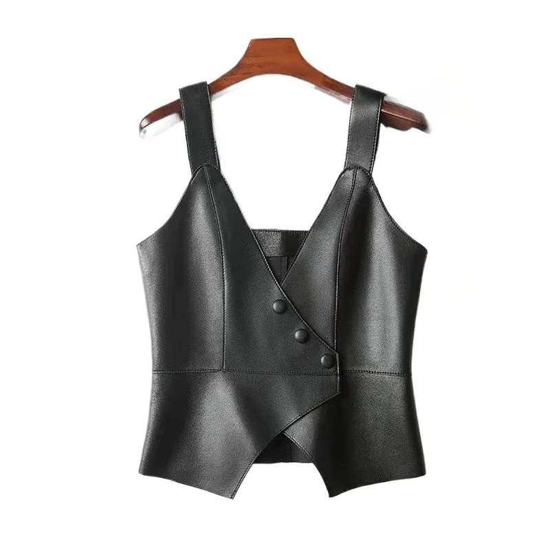 Chic Design PU Leather Vest Women Streetwear Cropped Sleeveless Outerwear Spring Autumn Tops Jacket Cardigan Girl Vests Slim New