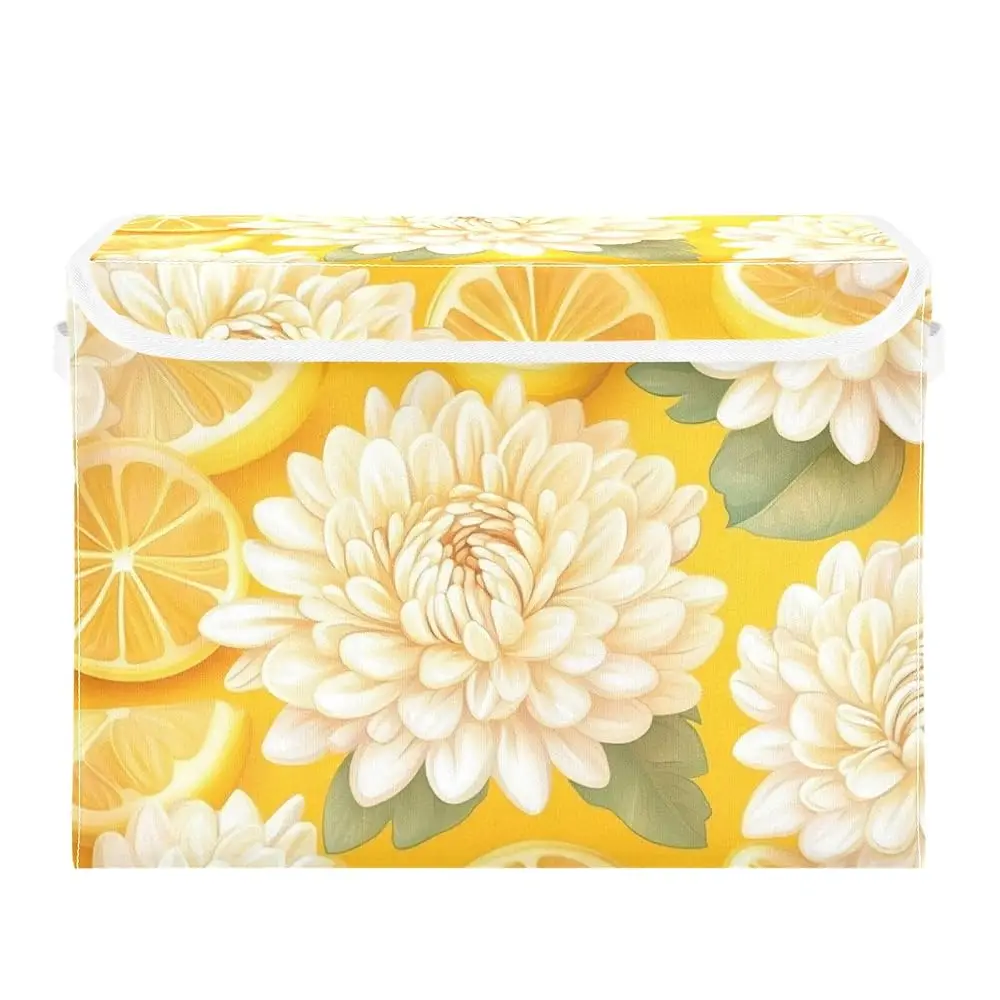 

Декоративные тканевые складные корзины для хранения с крышками, с узором из желтых хризантем и ломтиков лимона, органайзеры для шкафа