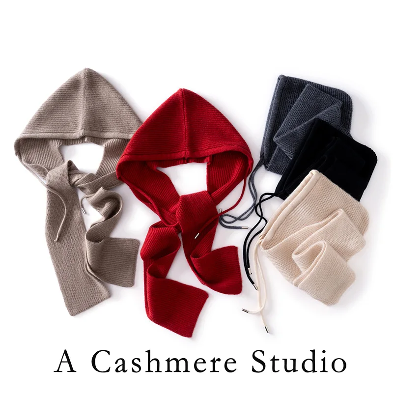 Winter Women's New 100% Cashmere One-piece Drawstring Hat Outdoor Warm Knitted Scarf Hat Solid Color Riding Warm Overhead Hat