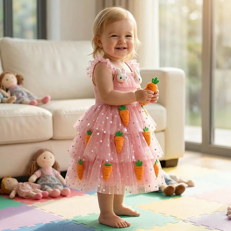 

0-6Y Summer Lovely Toddler Baby Girls Easter Tutu Dress Flying Sleeve Square Neck 3D Carrot Bunny Decorated Tulle Princess Dress