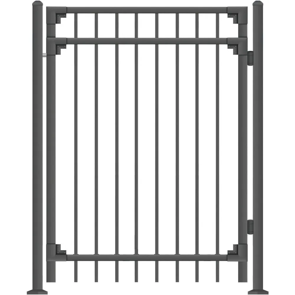 

Black Steel Anti-Rust Fence Gate, Flat End Pickets, Easy Installation Kit, on Soil or Concrete, 3-Rail Metal Gate, Fence