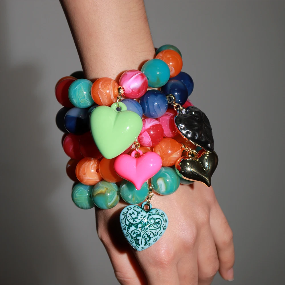Boho Bunte Runde Perlen Herz-Anhänger Elastische Armbänder Mode Geometrische Perlenarmband Damen Schmuck Geschenke – Detail 6