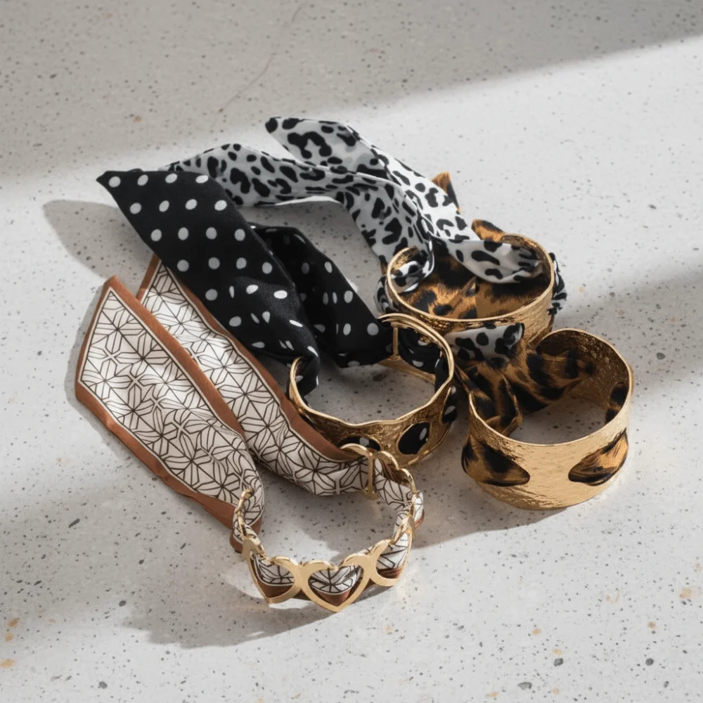 Leopard Print Silk Scarf Cuff Bangles Polka Dot Ribbon-Wrapped Metal Wide Bracelet Retro Adjustable Ethnic Style Wristband