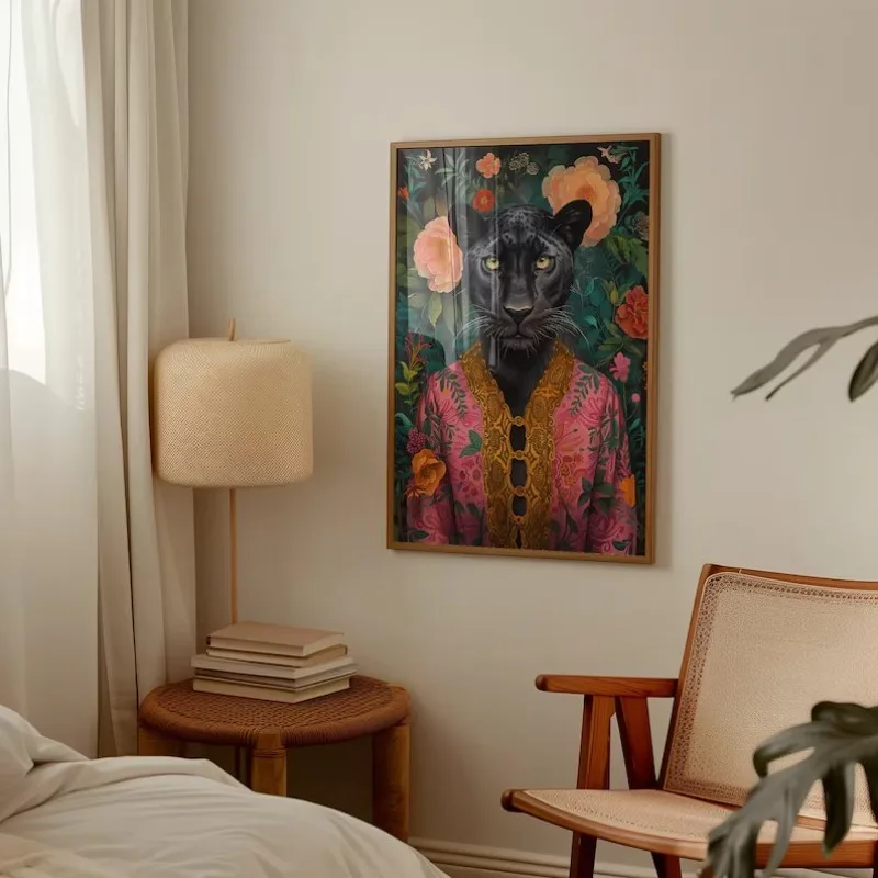 Maximalist Eclectic Fashionista Animal Portrait Poster Leopard Parrot Cat Retro Floral Canvas Painting Wall Art Room Home Decor