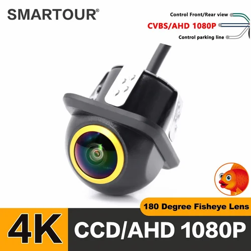 SMARTOUR 4K 180 grados ojo de pez lente cámara de visión trasera de coche Full HD visión nocturna marcha atrás AHD 1080P ojo de pez cámara de estacionamiento de vehículos