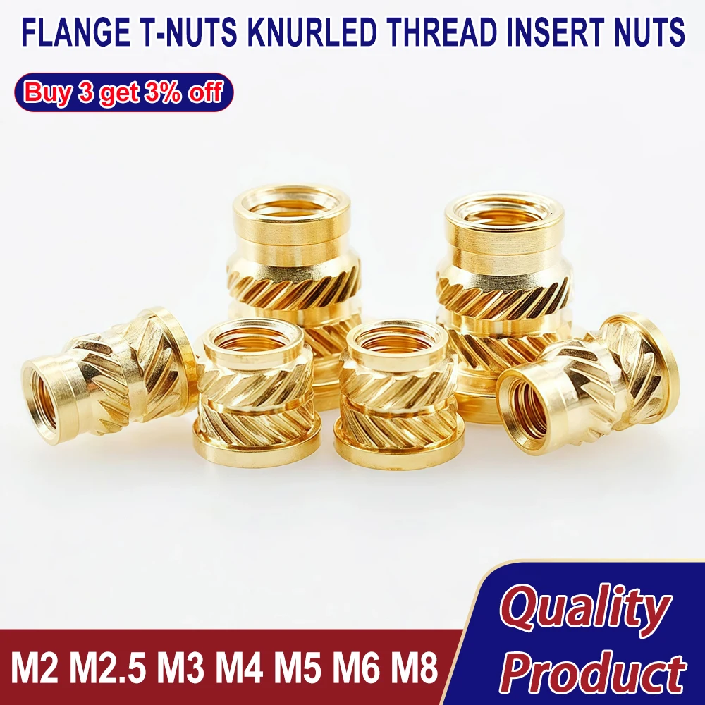 M2 M2.5 M3 M4 M5 M6 M8 Brass Flange Heat Insert Nut Copper T-type Thread Knurled for 3D Printing Injection Embedment Molding Nut