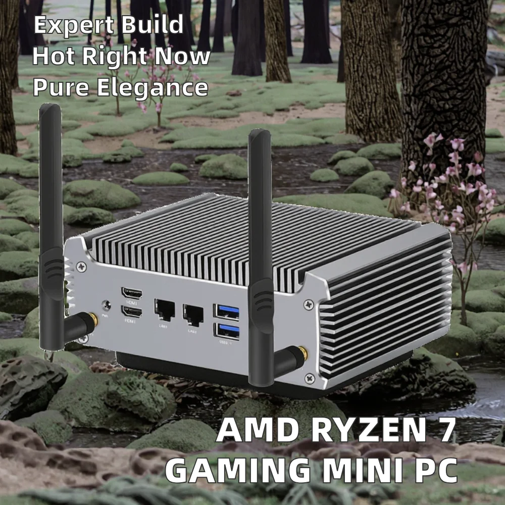 Fanless AMD Ry-Zen 7 Mini PC 7730U 5800U Gaming Computer with Win11 Dual LAN Firewall & WiFi6 2*HD-MI2.0 NVMe DDR4 UK Plug
