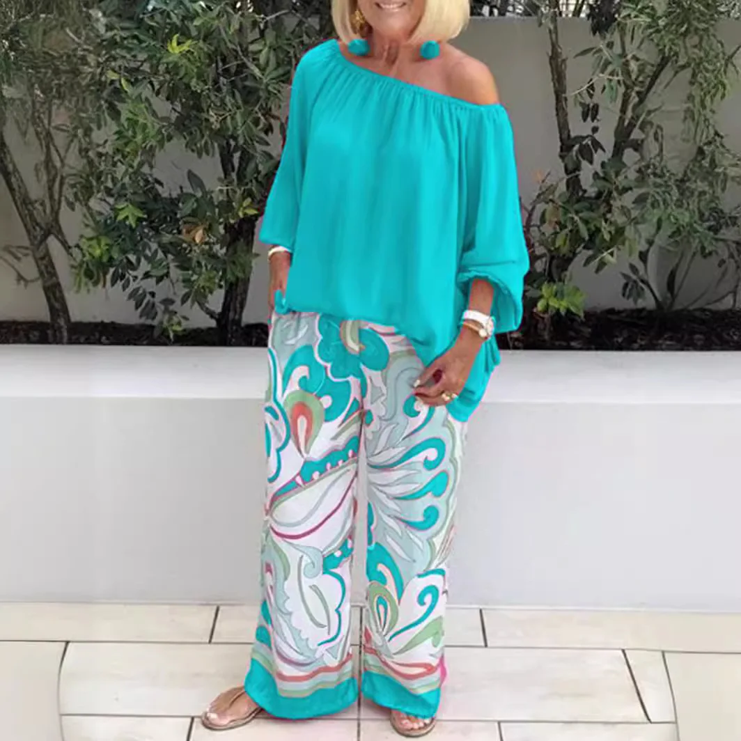 2024 Summer Women\'s Clothing Set Lantern Sleeves Loose Blouses Printed Wide Leg Pants Two Piece Set Casual Ladies Trouser Outfit