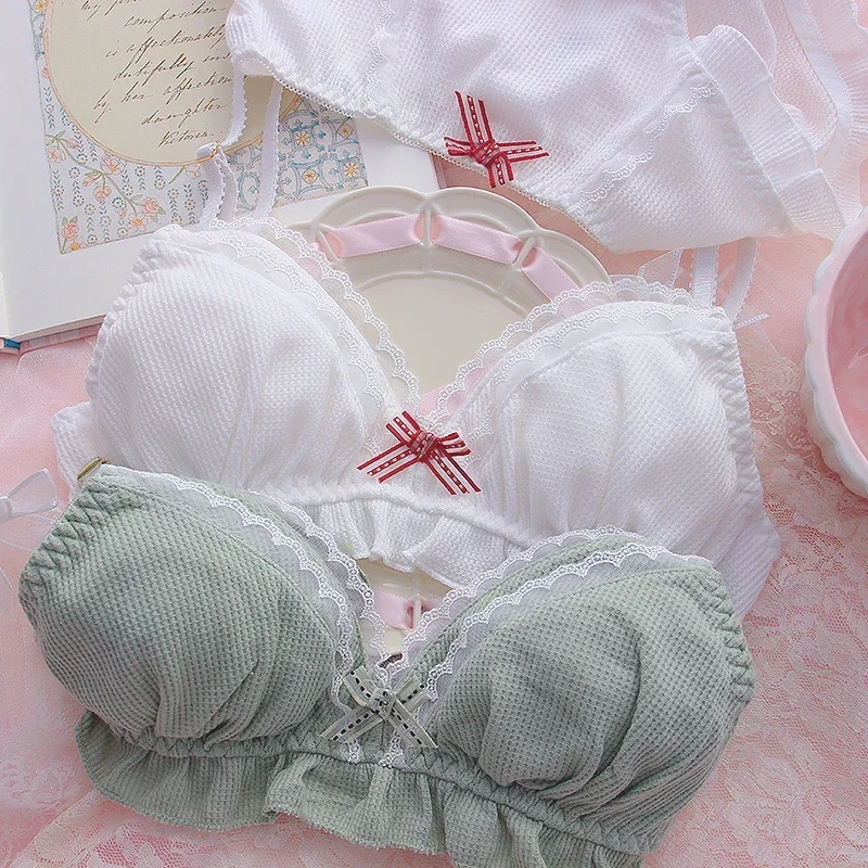 Sweet Bras Undewear Set Japanese Kawaii School Girl Breathable Cotton Push Up Cute Intimate Lace Floral Lolita Bow Lingerie 2024