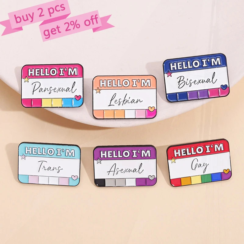 BI Pan-broche de esmalte personalizado, insignias de solapa Asexual, Trans, Gay, lesbiana, Pines, orgullo, Color arcoíris, caja de diálogo, joyería, Hello I'm LGBT