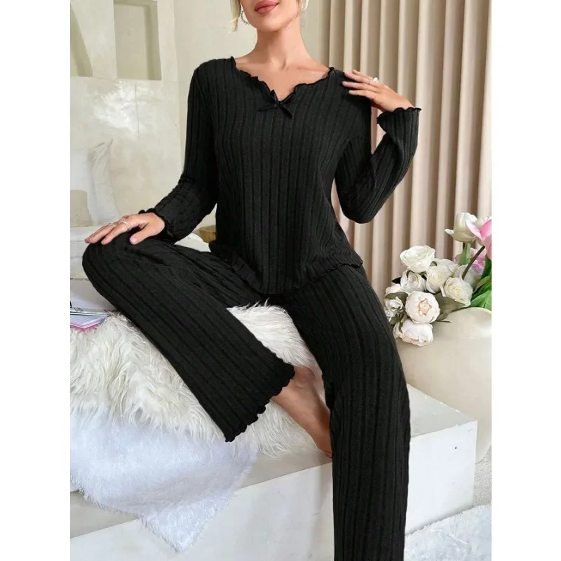 Women Autumn Winter Sleepwear Ribbed Pajamas Set Long Sleeve Top and Long Pants 2 Piece Set Casual Homewear Loungewear